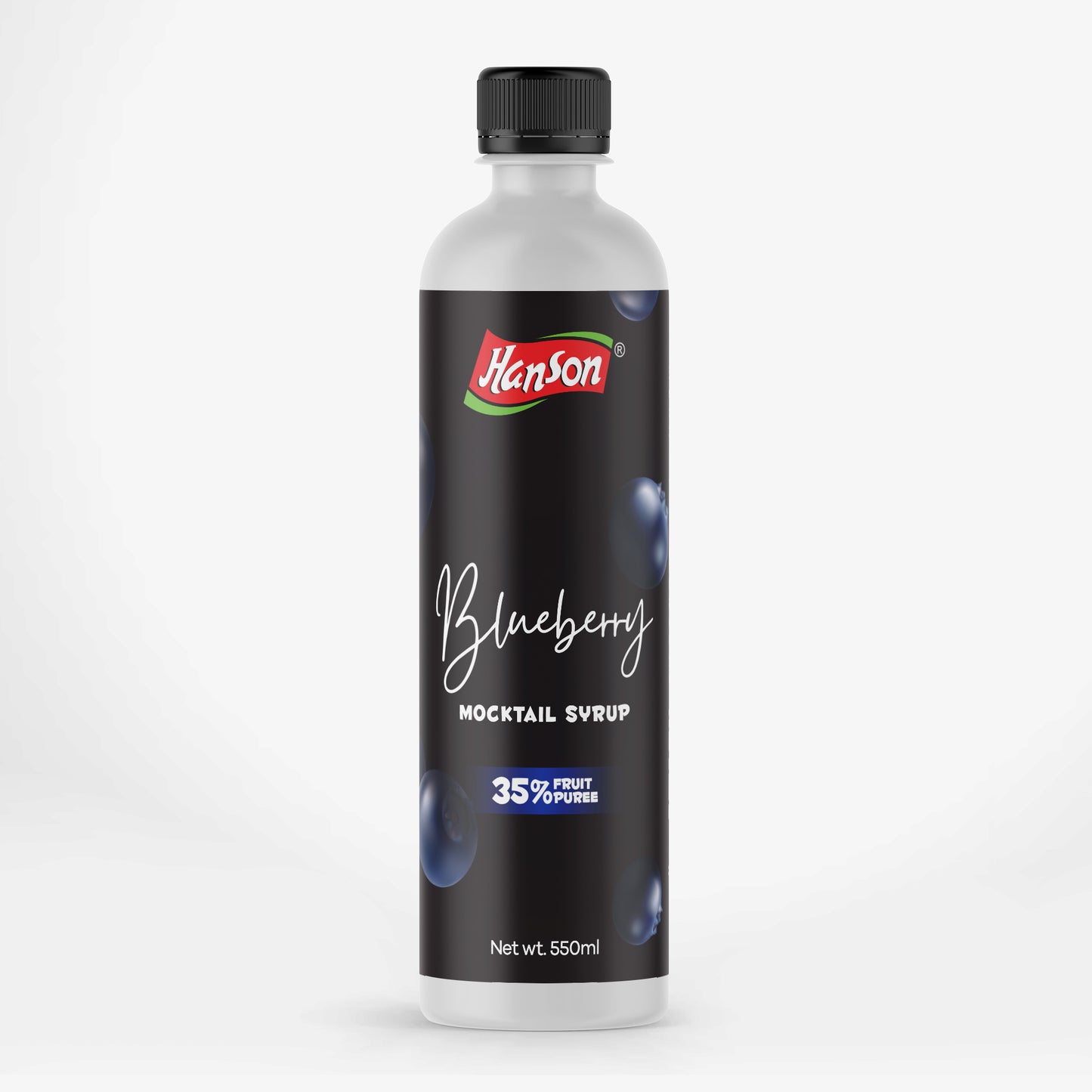Bottle of Hanson Blueberry Syrup on a white background