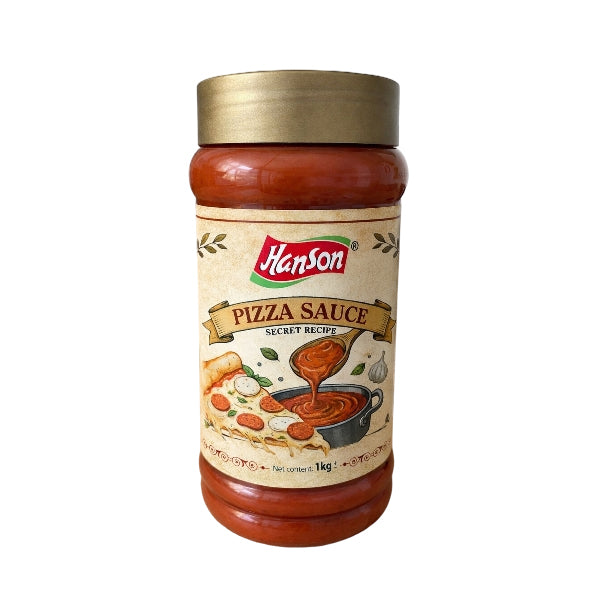 Jar of Hanson pizza sauce with a gold lid on a white background