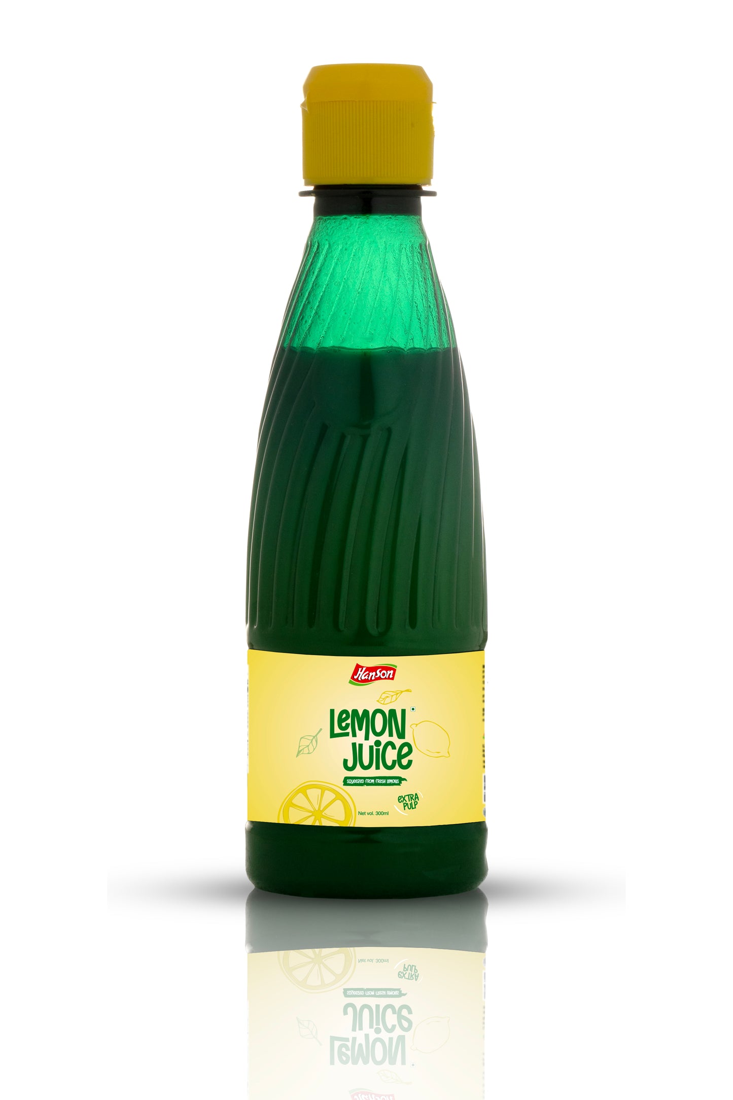 Bottle of lemon juice with a green body and yellow cap on a white background