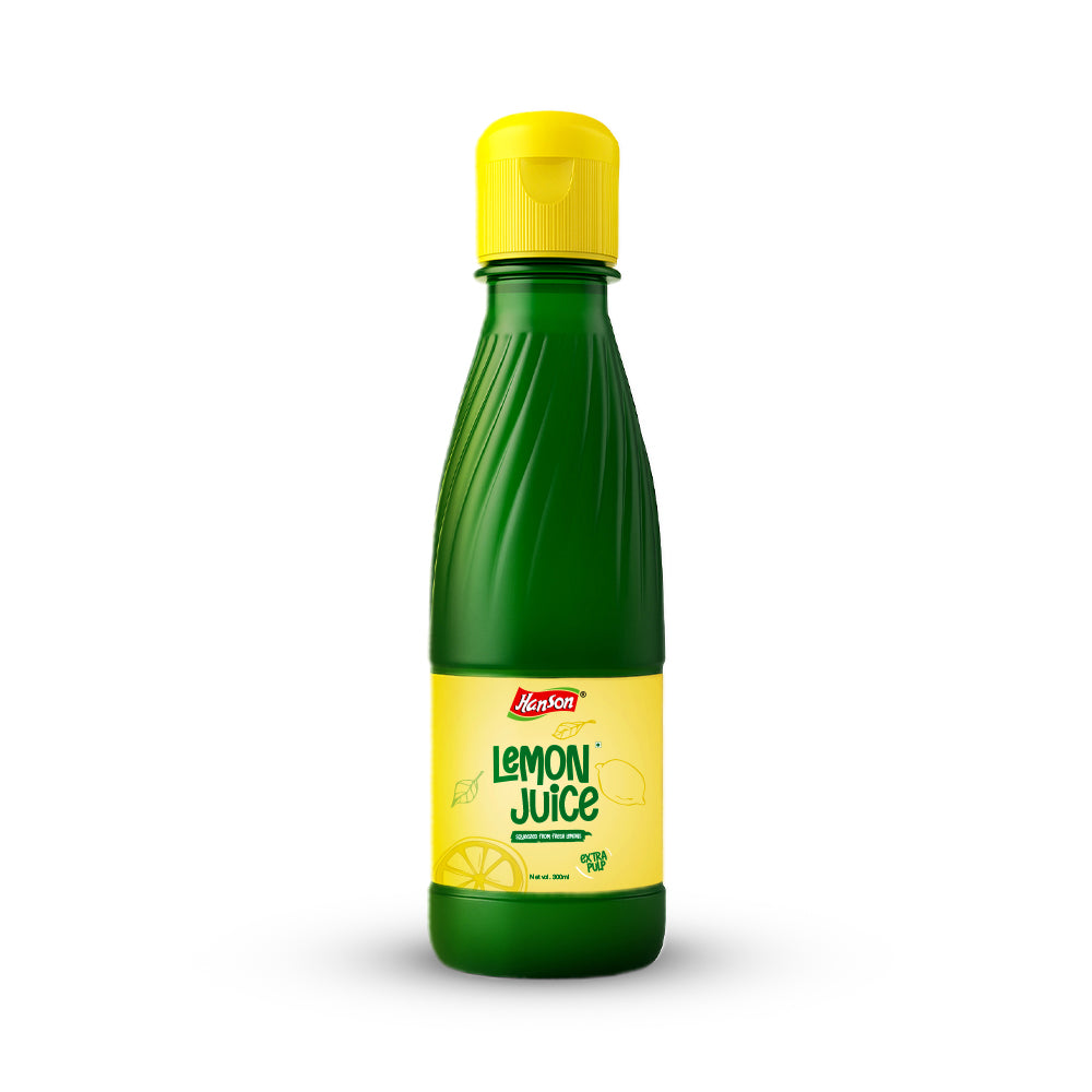 Bottle of lemon juice with a green body and yellow cap on a white background