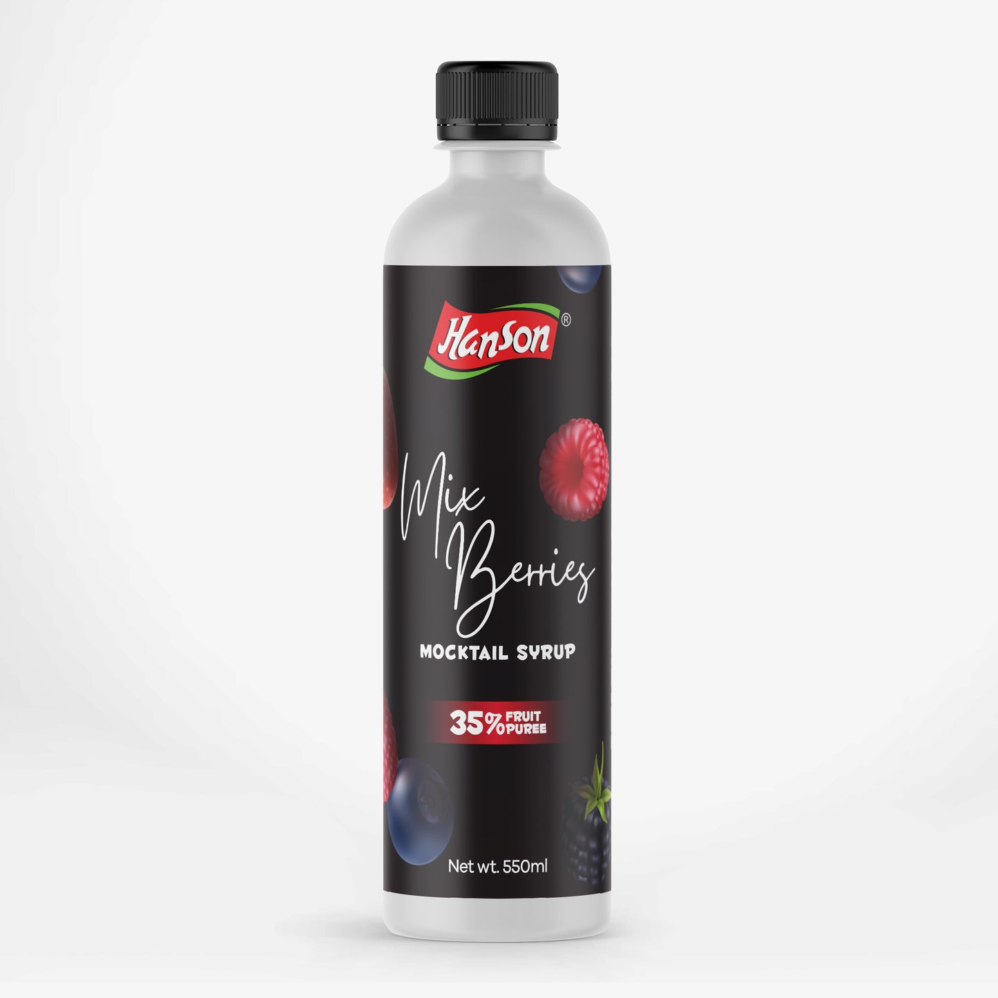 Bottle of Hanson Mix Berries syrup on a white background