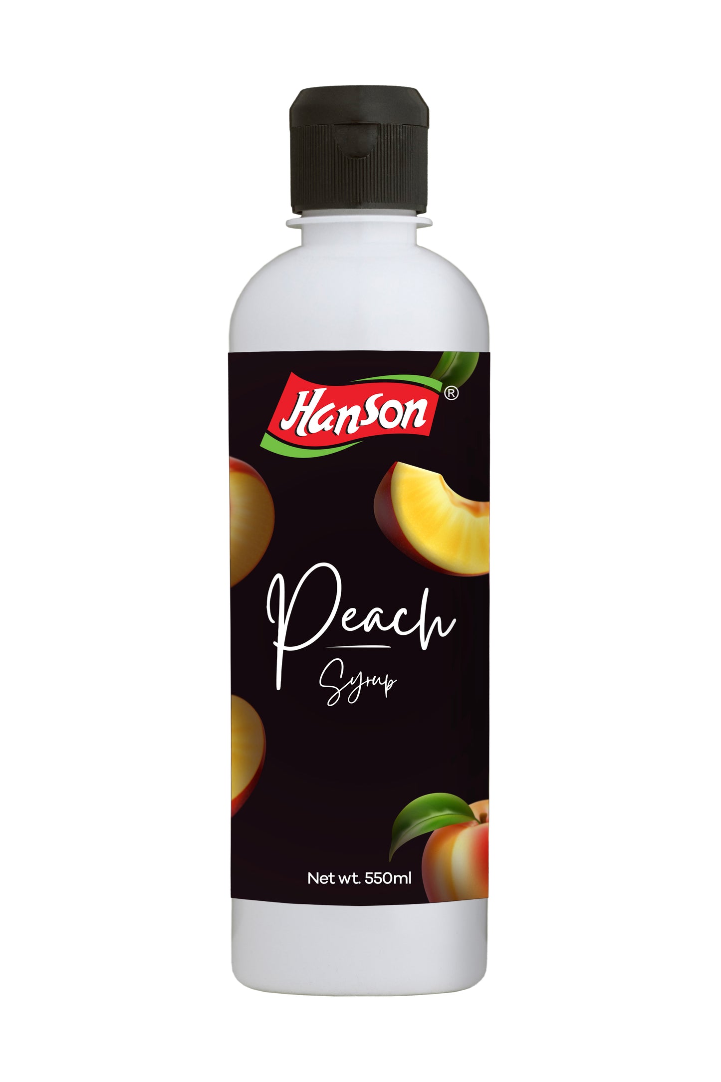 Bottle of Hanson Peach Syrup with black cap on a white background