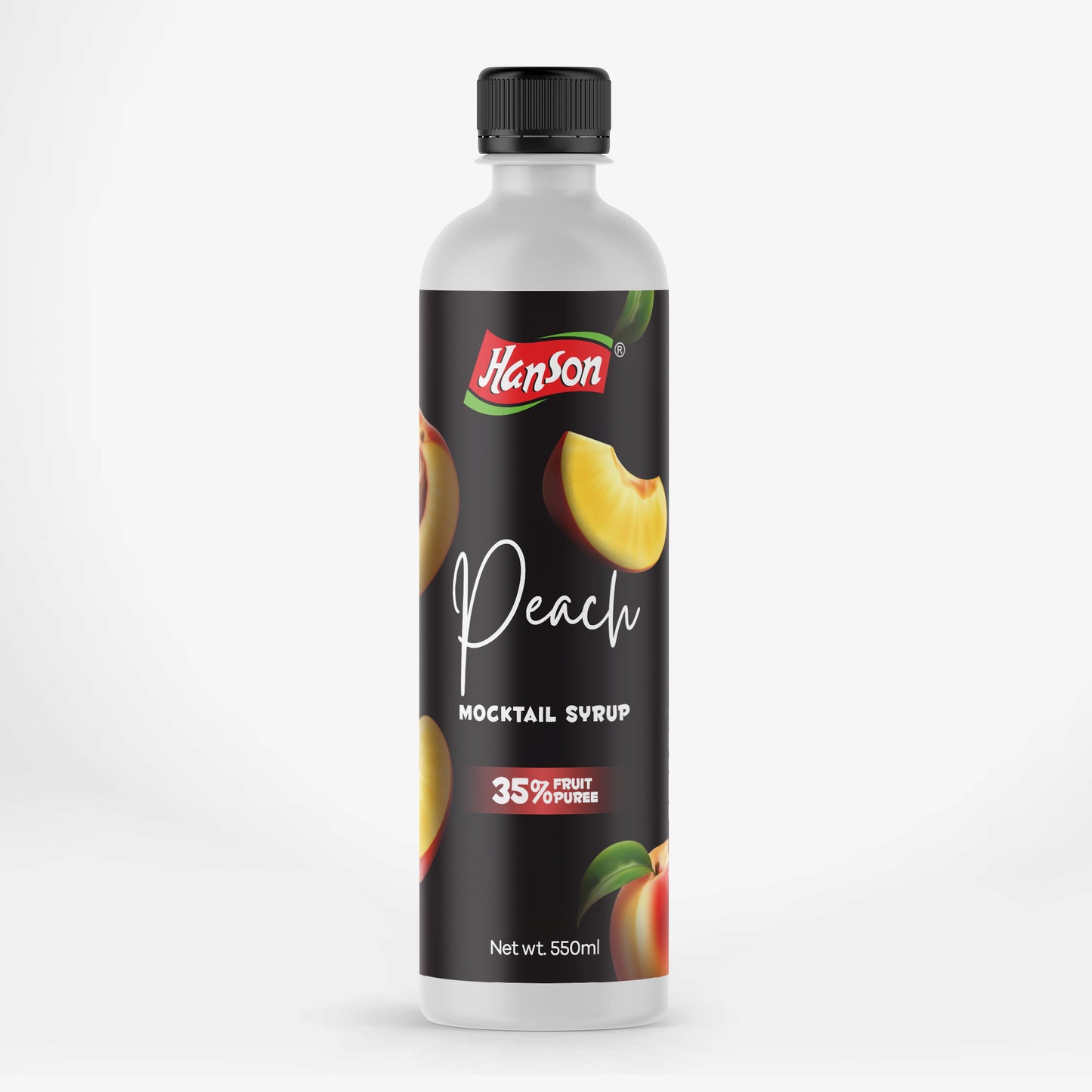 Bottle of Hanson Peach Syrup with black cap on a white background