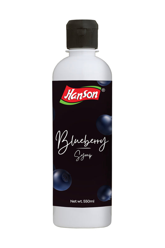 Bottle of Hanson Blueberry Syrup on a white background