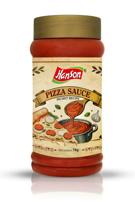 Jar of Hanson pizza sauce with a gold lid on a white background