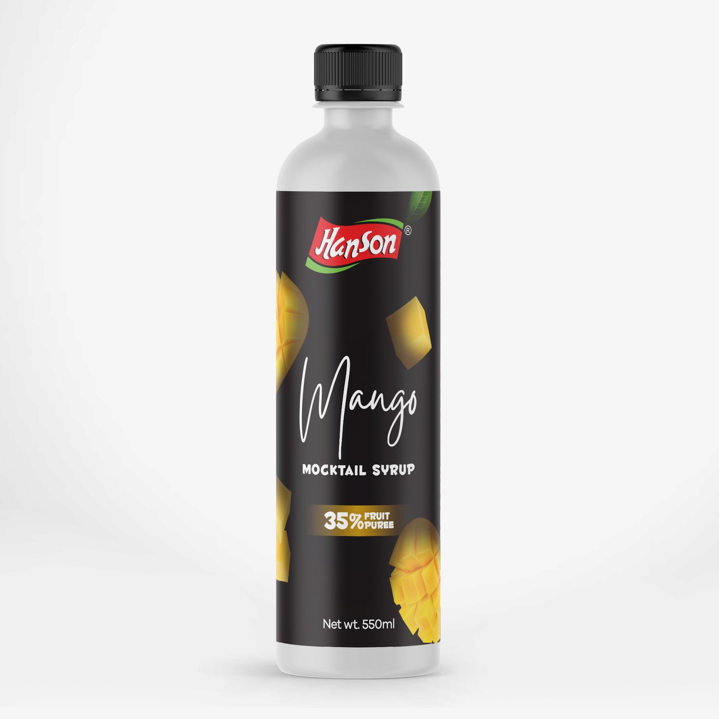 Bottle of Hanson Mango Syrup on a white background