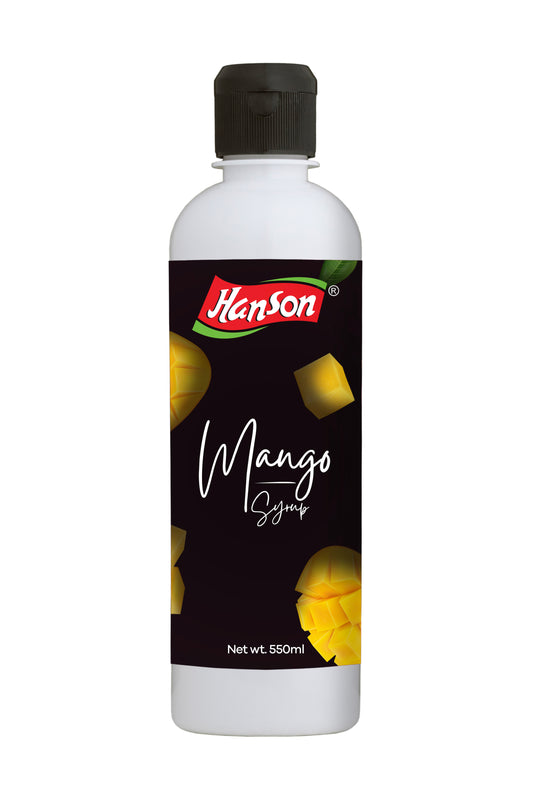 Bottle of Hanson Mango Syrup on a white background