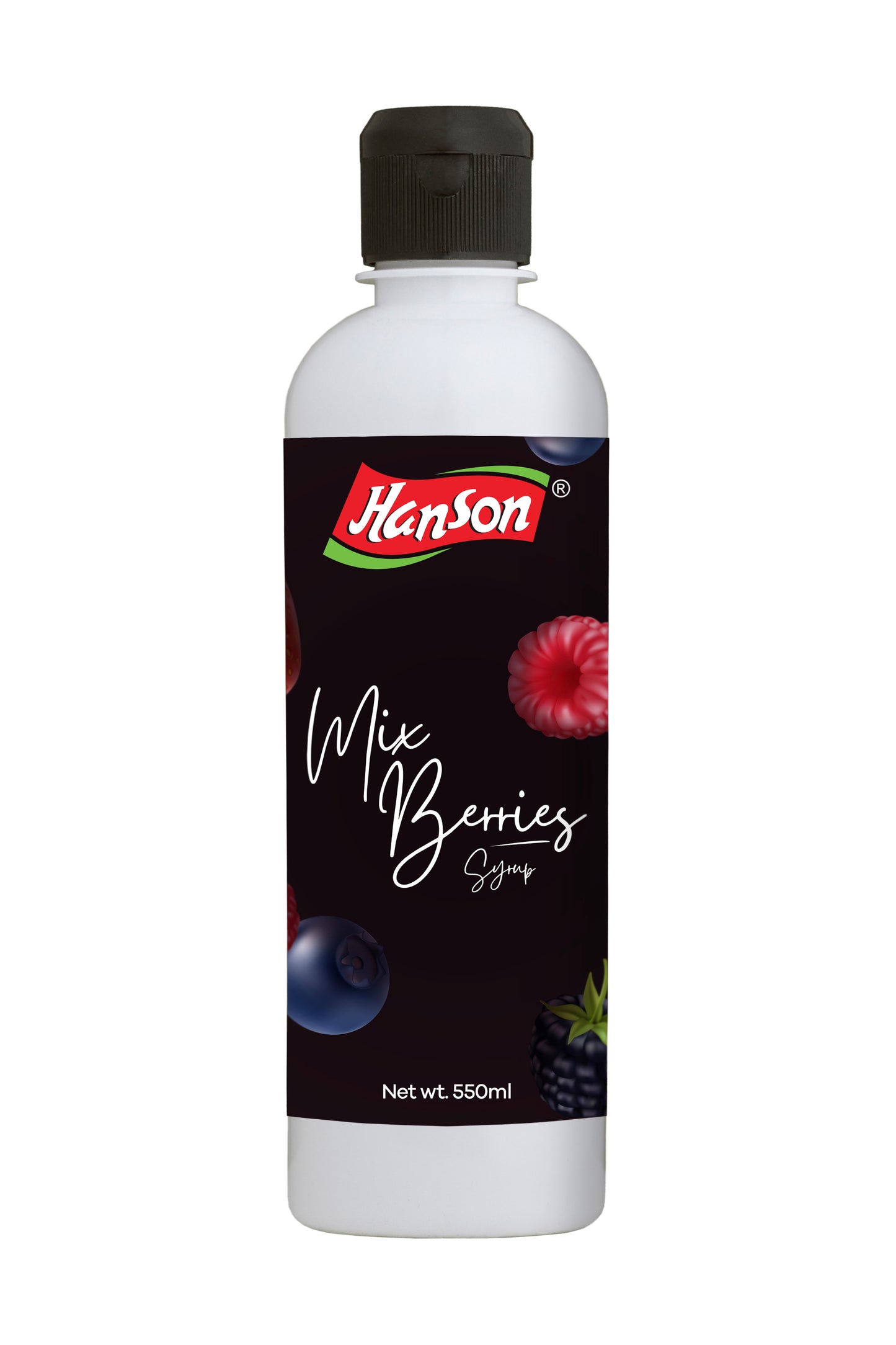 Bottle of Hanson Mix Berries syrup on a white background