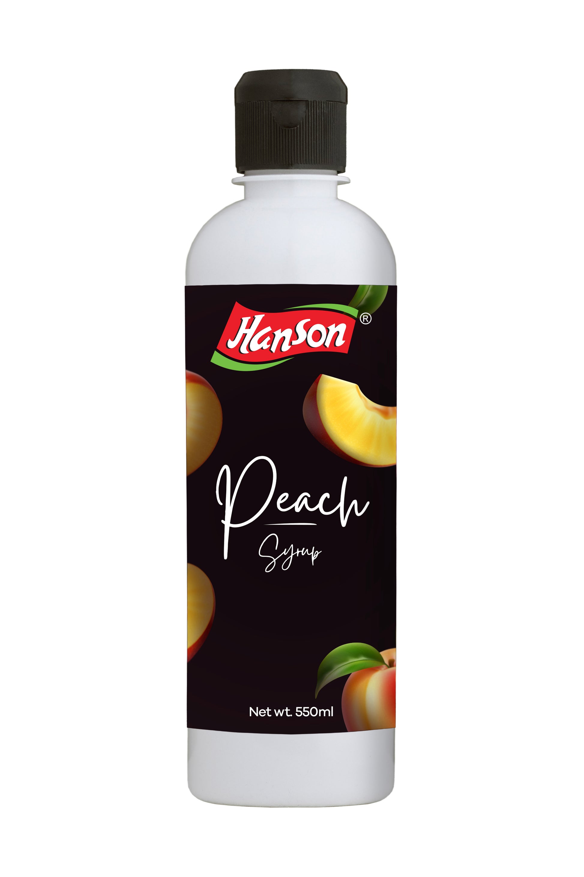 Bottle of Hanson Peach Syrup with black cap on a white background