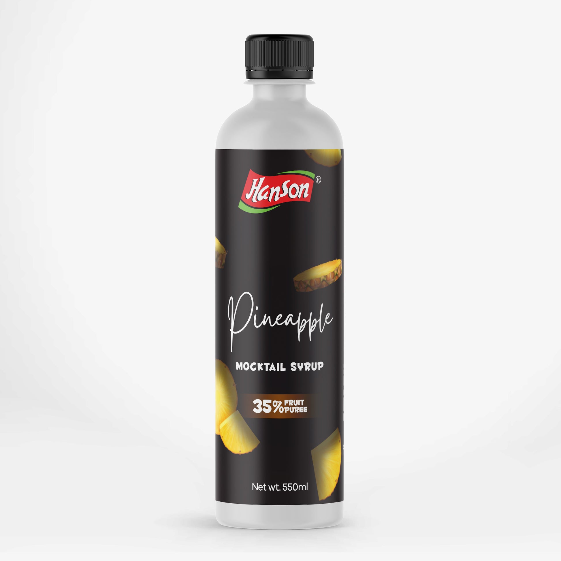 Bottle of Hanson Pineapple Syrup on a white background